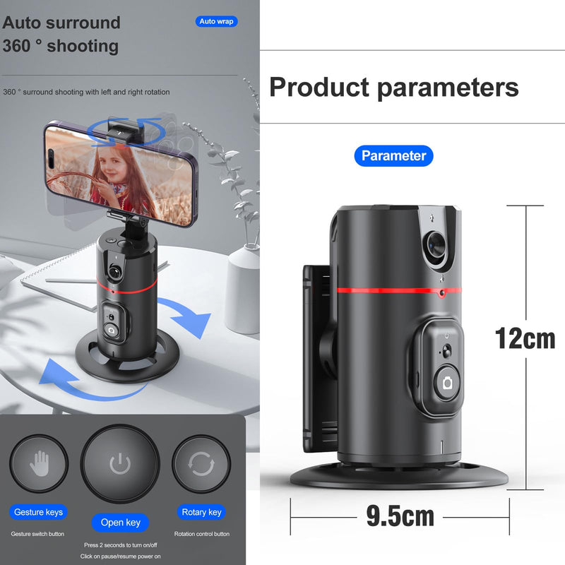 Auto Tracking Phone Holder,360° Rotation Phone Camera Mount Smart Shooting Phone Tracking Holder with Remote Selfie Stick for iPhone Android Stabilizer Shooting Live,No App,Rechargeable Black