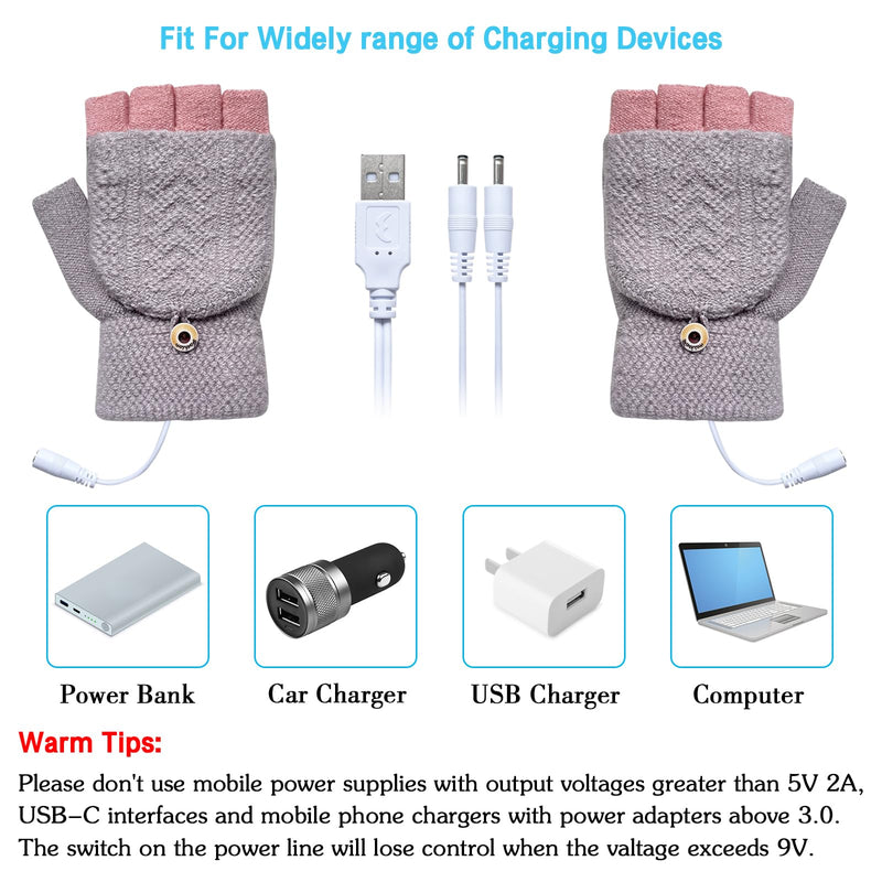 Women's & Men's USB Heated Gloves Mitten Full & Half Fingerless Winter Hands Warmer Laptop Gloves Grey Pink