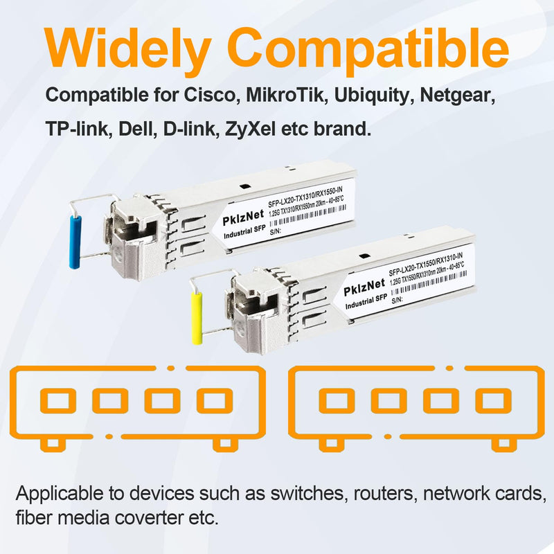 4Pcs 1.25G BIDI Industrial SFP Single Mode SM1310&1550nm LX 20km Fiber DDM 1.25G BIDI: 20km