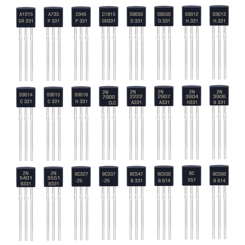 24 Values BJT Transistor Kit A1015 A733 C945 C1815 S8050 S8550 S9012 S9013 S9014 S9015 S9018 2N7000 2N2222 2N2907 2N3904 2N3906 2N5401 2N5551 BC327 BC337 BC547 BC550 BC557 BC560 Transistors