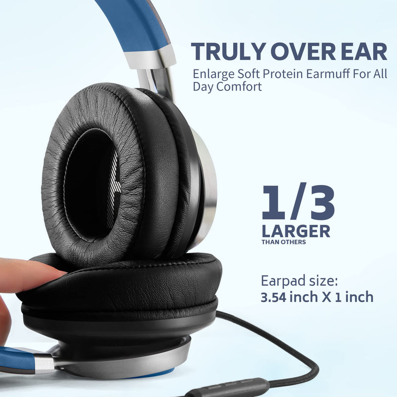 AC01 Over-Ear Headphones Wired, Passive Noise Isolating Corded Stereo Headsets with Mic Volume Control for Adults Teens 3.5mm for Chromebooks, Laptop, Computer, Tablets, Travel (Black Blue) Black Blue
