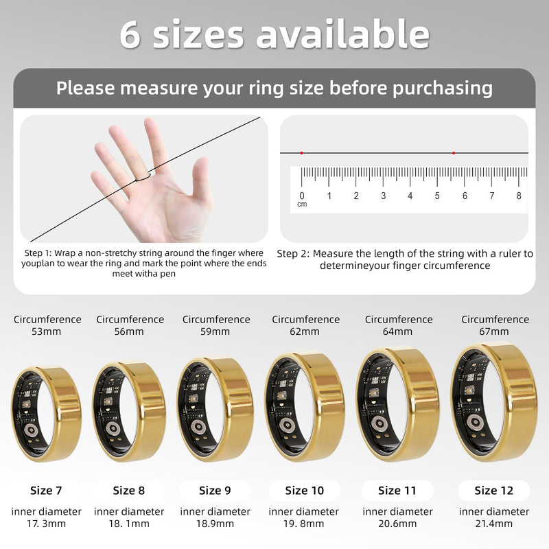 Smart Ring for Women & Men, Fitness Tracker Ring with Charging Case, Supports Heart Rate, HRV, Blood Oxygen, IP68 Waterproof, Sleep Tracking Ring for iOS and Android, No Subscription Fees(Gold 7) Gold