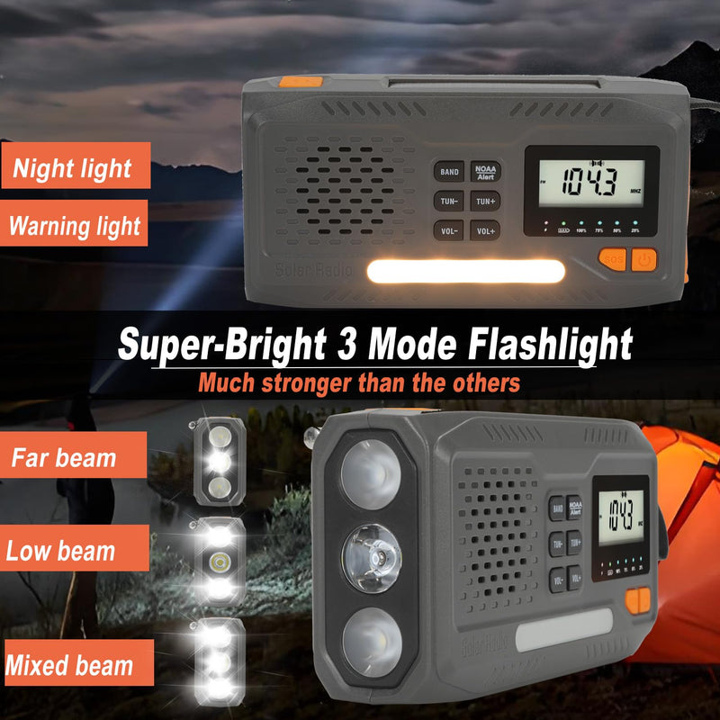 [AUSTRALIA] - 7400mWh Solar Hand Crank Emergency Weather Radio, NOAA/AM/FM Wind Up Radio with Flashlight, Cell Phone Charger, SOS Alarm, Digital Display for Hurricane Survival Camping Outdoor 