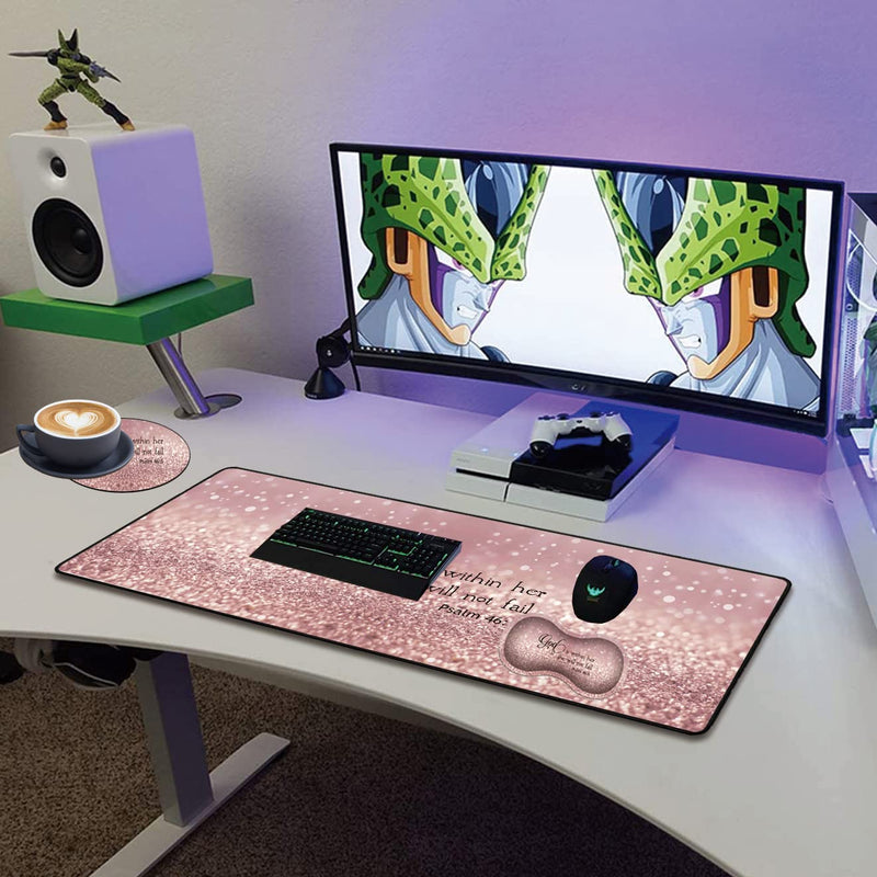 XMTMR-Glass Extended Gaming Mouse Pad with Seam, Long XL Desktop Keyboard Pad, Suitable for Work/Game/Office/Home, Butterfly Wrist Rest Pad and Coaster, Pink Glitter Quotes Psalm 46:5 Xg-g4-bc 001