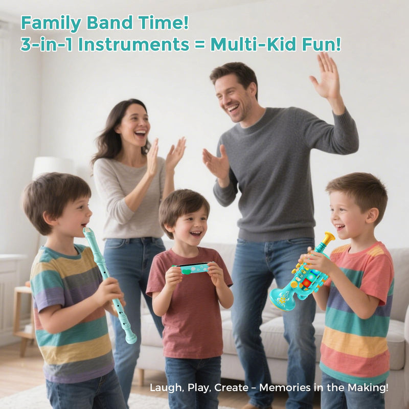 [AUSTRALIA] - 3-in-1 Kids Musical Instruments with Storage Bag, Toddler Toys with Plastic Trumpet, Harmonica & Flute Recorder, Educational Music Gifts for Children Ages 3 4 5 6 7,Gifts for Boys Girls 3in1-kids Trumpet-yd-wb001 