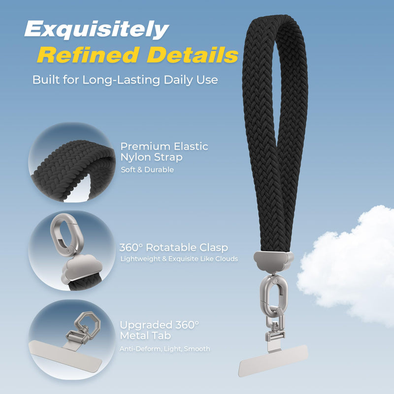 Stretchy Phone Wrist Strap, with 360° Rotatable Metal Tab | Elastic Anti-Theft Phone Lanyard Keychain with Soft Cloud Clasp for All Smartphones Black