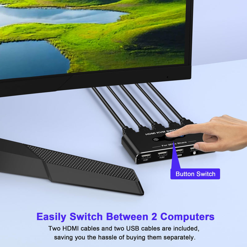 KVM Switch for 1 Monitor 2 Computers, 4K@60Hz HDMI KVM Switcher, HDMI USB Hub Switches for PC/Mac Pro/Laptop, Plug and Play, Share Keyboard Mouse Printer, with 2 USB Cables and 2 HDMI Cables