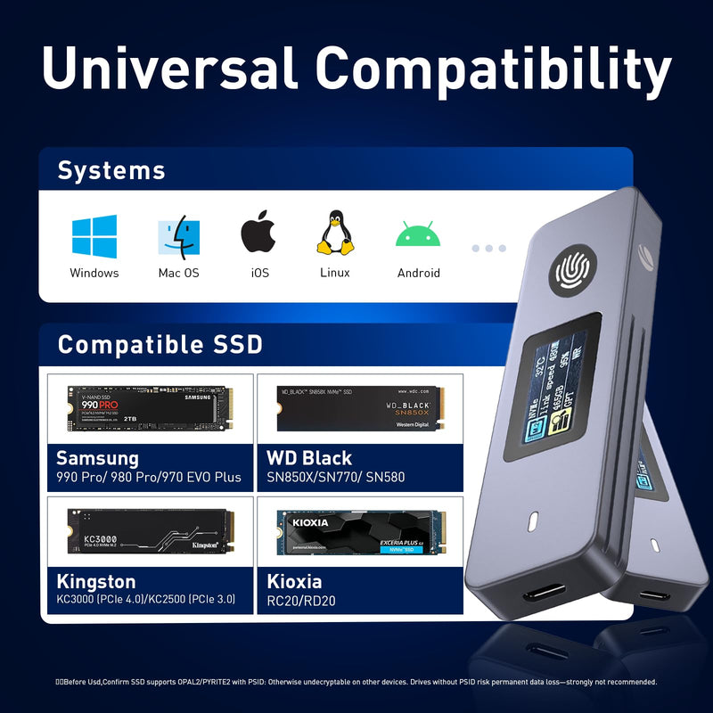 VCOM Fingerprint Encryption SSD Enclosure with LCD Screen, 10Gbps USB 3.2 Gen2 Hard Drive Case, Support M.2 NVMe & SATA SSD, Hardware Encrypted External Drive for Mac and Windows PC 855SN-F