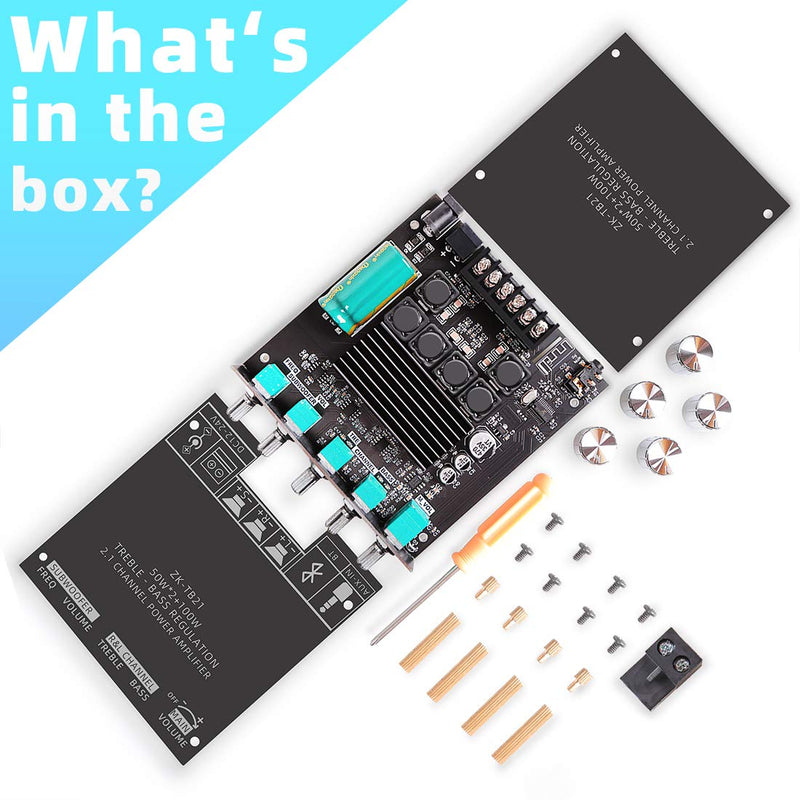 [AUSTRALIA] - 50W+50W+100W 2.1 Channel Subwoofer Amplifier Board with Treble and Bass Control, Dual TPA3116 Chip, DC 12-24V, Bluetooth and AUX Inputs, DIY Wireless Speakers AMP Board, Password Free (ZK-TB21) ZK-TB21(excluding power adapter) 