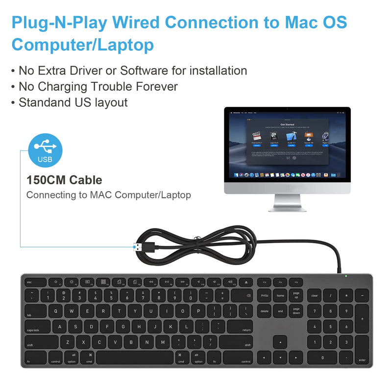 Wired Keyboard for Apple Mac OS Computer/Laptop, Aluminum Alloy Housing,150CM Cable Connection, Plug-N-Play USB Keyboard with Numeric Keypad Available to iMac/Mac Mini or MacBook Pro/Air-Black