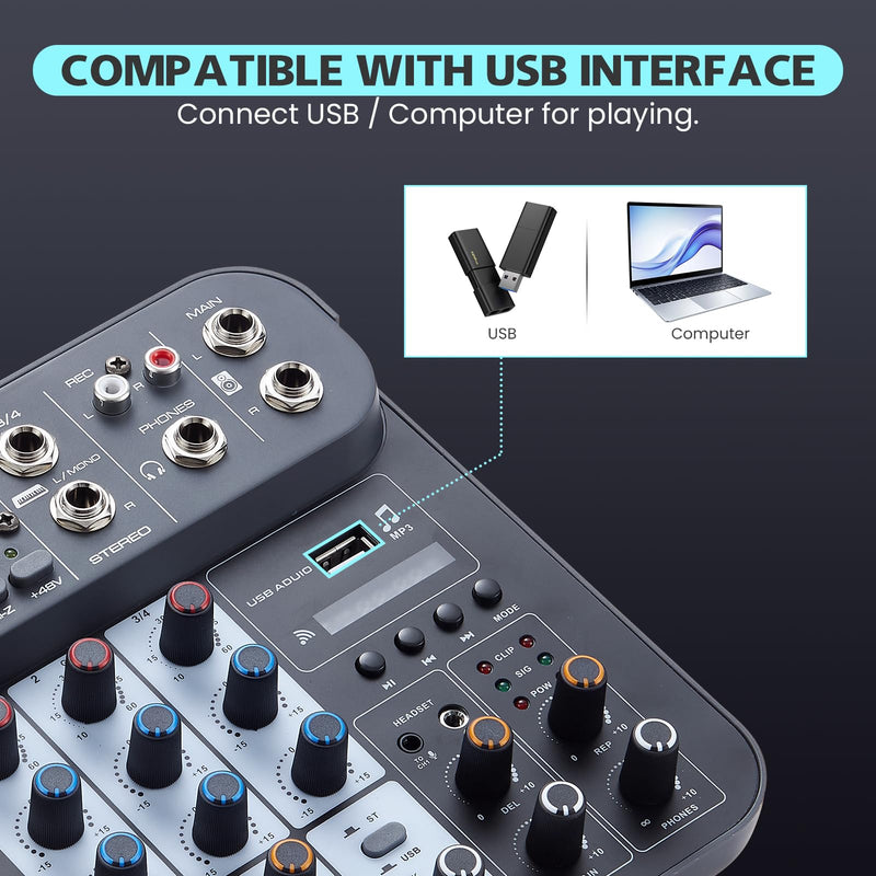 [AUSTRALIA] - 4 Channel DJ Audio Mixer, DJ Mixers Sound Board, Sound Mixer Board XLR 1/4" Interface, BT USB MP3 Computer Input 48V Phantom Power Stereo Karaoke DJ Studio Streaming KTV Stage G4B 