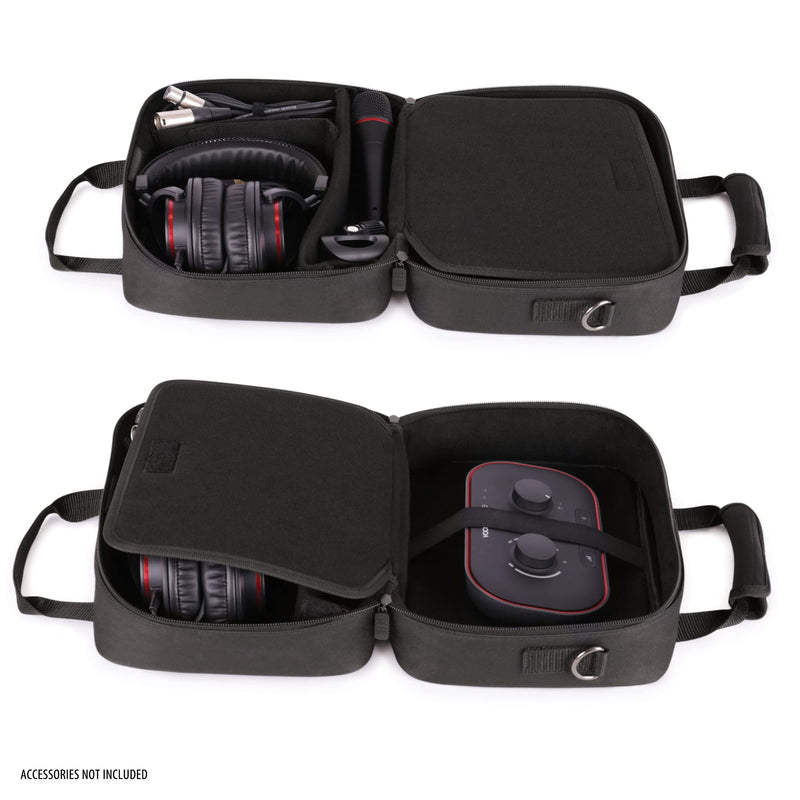 USA GEAR Podcast Equipment Case - Audio Interface Case Compatible with Focusrite Vocaster One Studio and More Studio Equipment - Customizable Interior, Shoulder Strap, and Padded Interior - Black