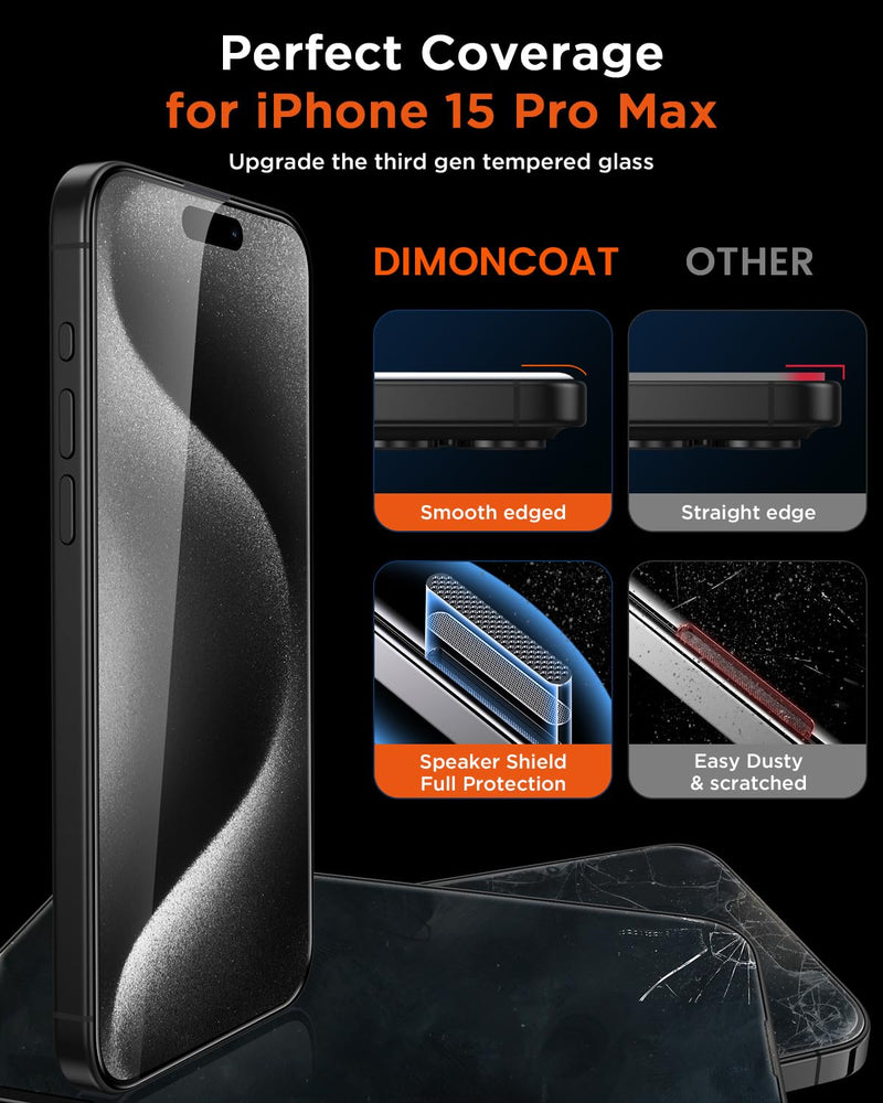 DIMONCOAT 4-PACK for iPhone 15 Pro Max Privacy Screen Protector [Auto Alignment Kit] [10X Military Protection] Compatible iPhone 15 Pro Max 6.7 inch Tempered Glass Film [Case Friendly] iPhone 15 Pro Max-6.7 Inch