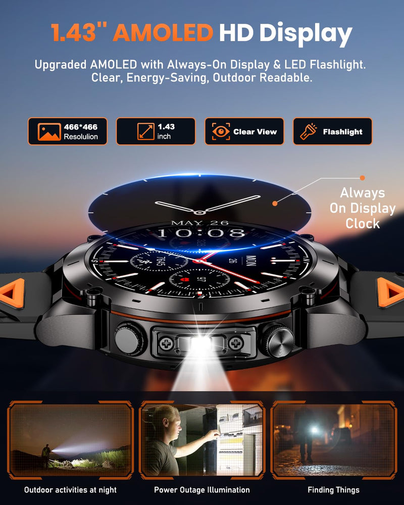 GPS Military Smart Watch for Men with Flashlight, 1.43'' AMOLED Smartwatch with Bluetooth Calling, 730mAh Battery, IP68 Waterproof, 170+ Sports Modes, Compatible with Android & iPhone