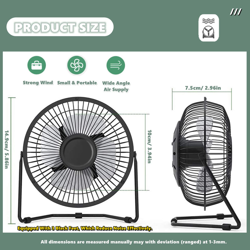 USB Fan 4 Inch Mini USB Desk Table Fan Personal Portable Desktop Cooling Fan Powered by USB PC Netbook for Camping Home Office Outdoor Travel, Strong Wind, Black Black 4 Inch