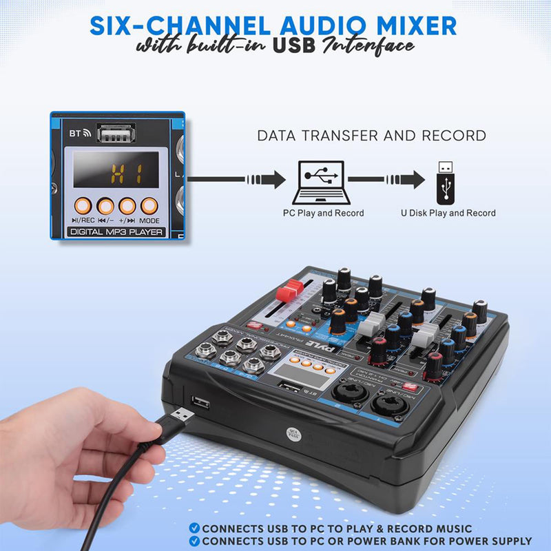 Pyle Professional Wireless DJ Audio Mixer - 6-Channel Bluetooth Compatible DJ Controller Sound Mixer w/ DSP Effects, USB Audio Interface, Dual RCA In, XLR/1/4" Microphone In, Headphone Jack- PMX44T.5