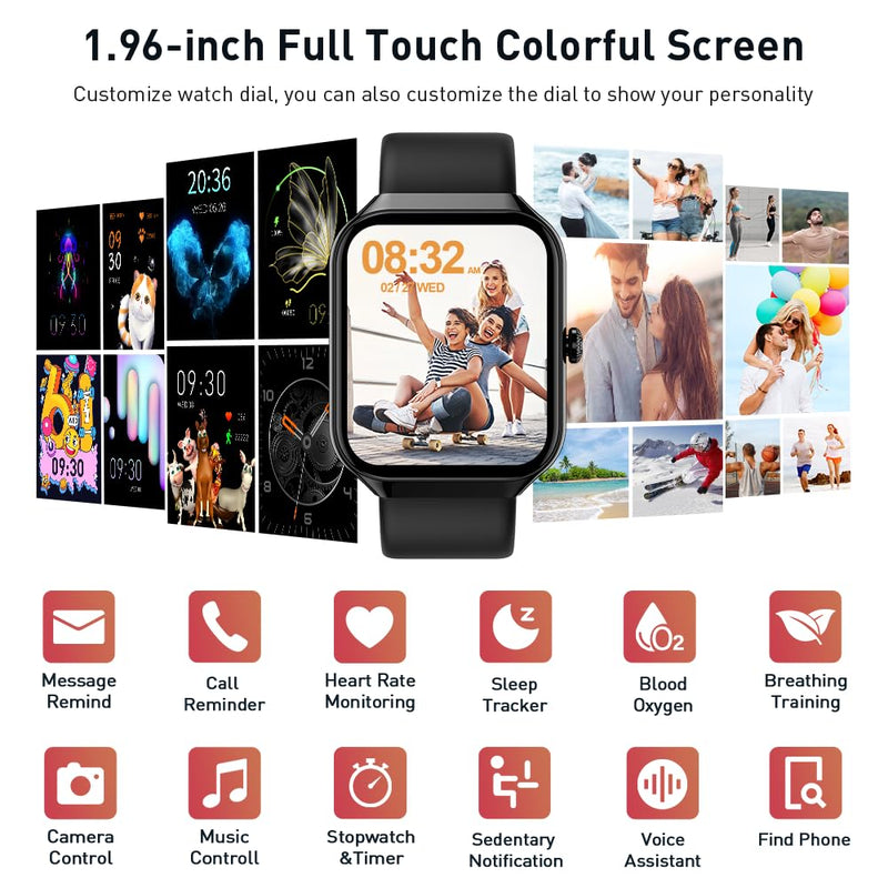 Smart Watch(Answer/Make Call), 1.96" HD Smartwatch for Men Women, 2025 New Fitness Watch with 110+ Sport Modes, Heart Rate, Sleep Monitor, Pedometer, IP68 Waterproof Activity Tracker for Android iOS Black