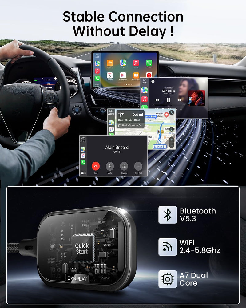 Wireless CarPlay Adapter for Apple iPhone, Converts Factory Wired CarPlay to Wireless CarPlay 2024 Upgrade Plug & Play Auto Connect Fast Easy Use for Cars from 2017 & iPhone iOS Black Dark Black