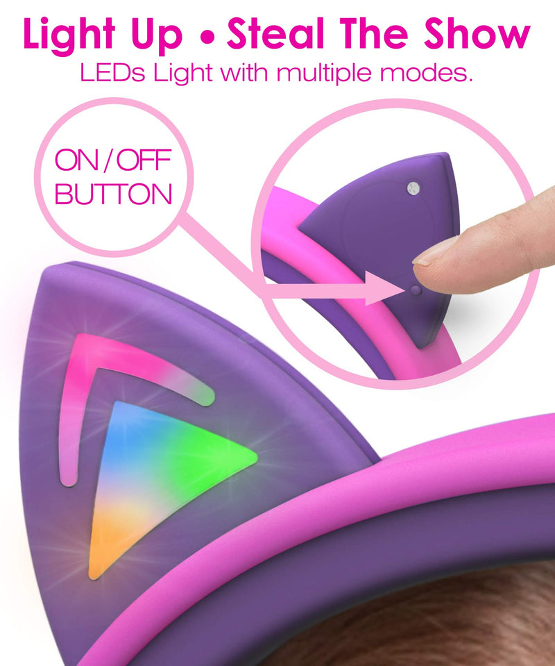 [AUSTRALIA] - FosPower Kids Headphones with LED Cat Ears (Safe Volume Limit 85 dB), 3.5mm On-Ear Wired Headphones with Laced Tangle-Free Cables for Boys/Girls/School/Travel - Hot Pink/Purple Hot Pink / Purple 