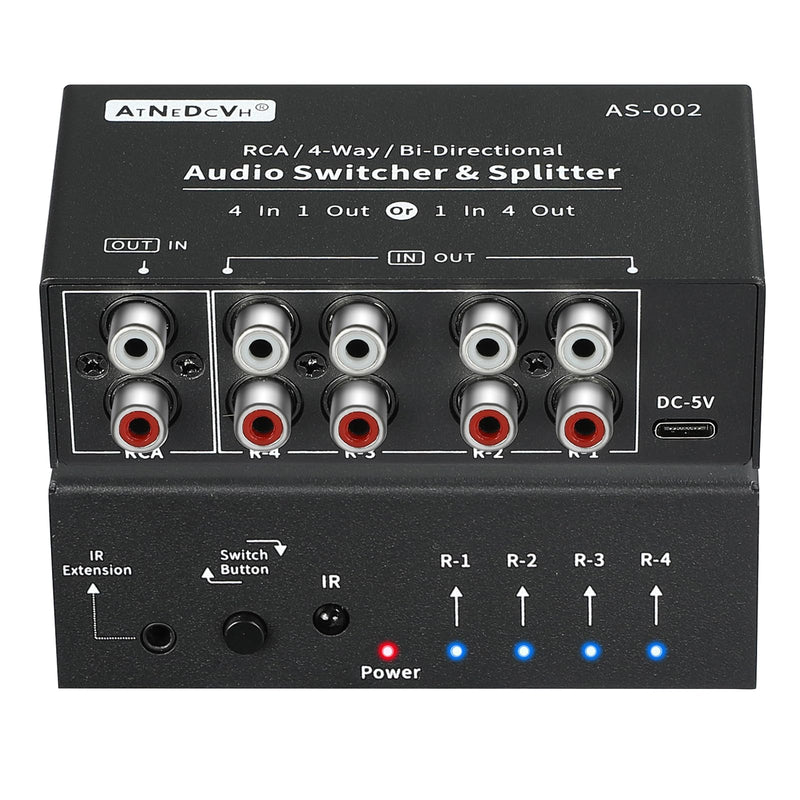 [AUSTRALIA] - RCA 4-Way Bi-Directional Audio Switcher Splitter, 1 in 4 Out / 4 in 1 Out Stereo L/R Sound Channel Audio Switch Selector Splitter Box with Remote Control for Speakers Headphones Amps (Black) 
