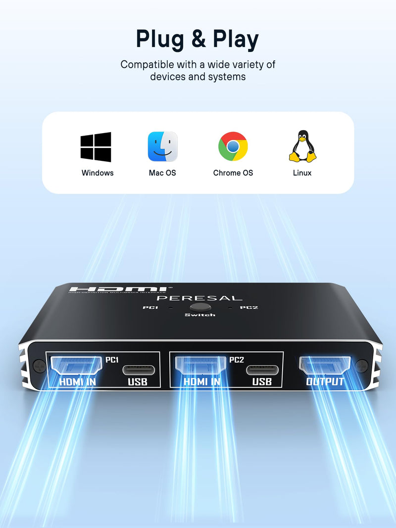 USB KVM Switch, KVM Switch 1 Monitors 2 Computers, HDMI Switch, 4K@60Hz KVM Switches for 2 Computers Sharing 1 Monitor, 4 USB Devices Such as Keyboard, Mouse, Printer, Scanner Black