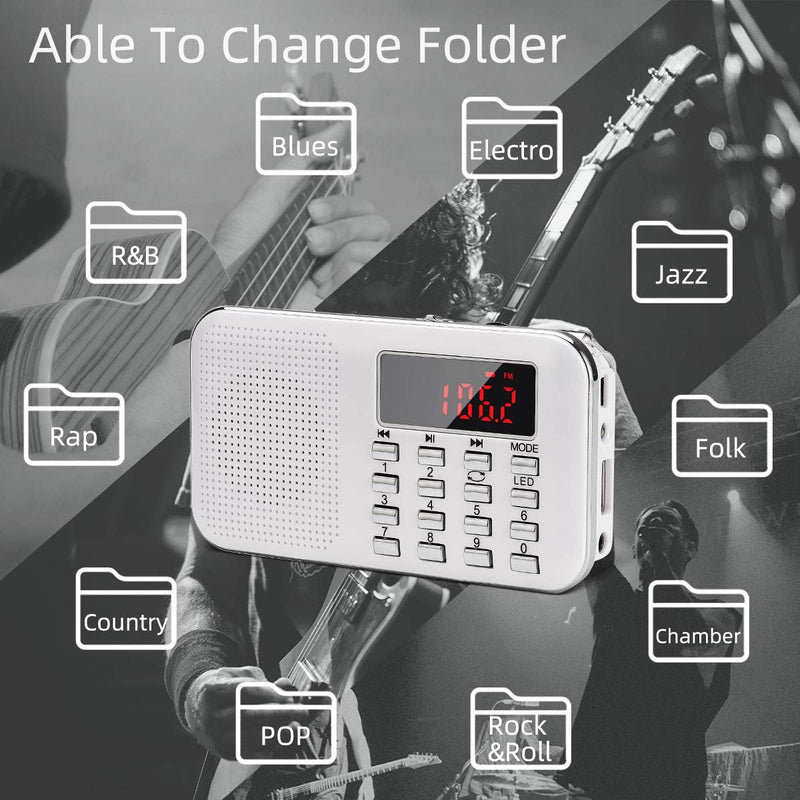 Mini Portable Radio AM FM Pocket Radio with MP3, LED Flashlight, Digital Radio Speaker Support Micro SD/TF Card/USB, Auto Scan Save, 1200mAh Rechargeable Battery Operated, by PRUNUS White