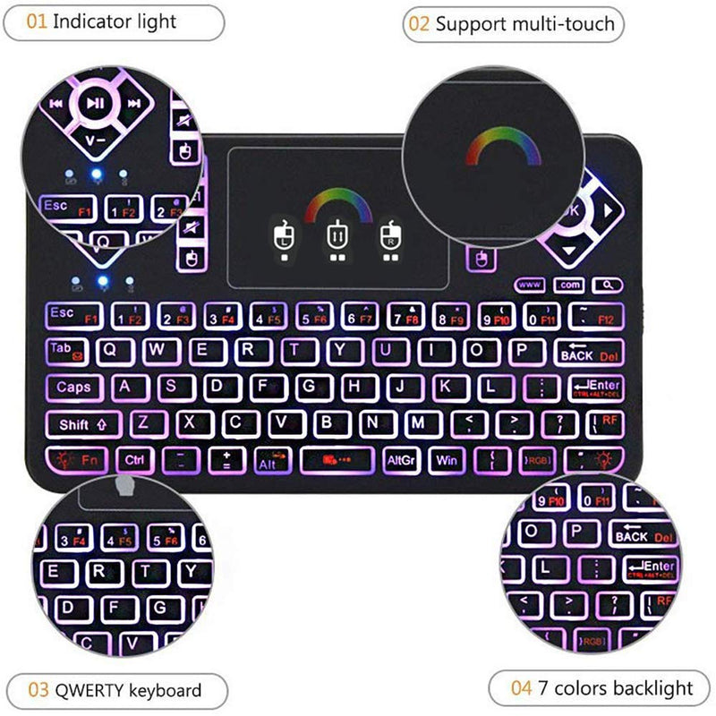 Mini Wireless Keyboard,Q9 Mini Keyboard with Touchpad,Colorful Backlit Small Wireless Keyboard,Mini Rechargeable Handheld Remote Keyboard for PC,Raspberry Pi 4, Android TV Box,KODI,Windows 7 8 10 Q9 Colorful Backlit