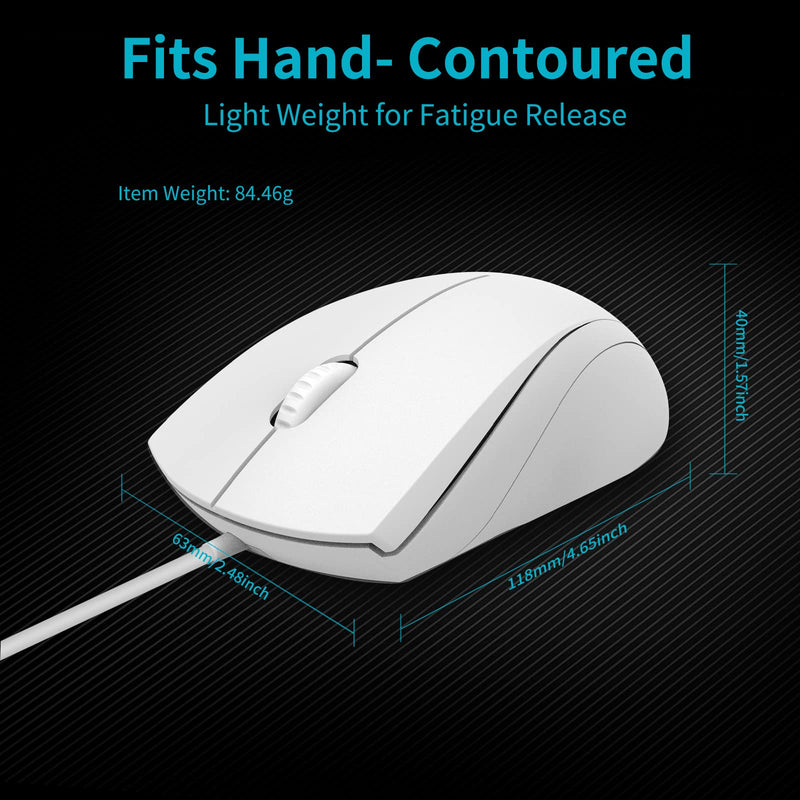 Rapoo N1600 3-Button Quiet Wired Mouse, 1000DPI Optical Mouse, Quiet Button, Ergonomic Shape, for Desktop Computers Laptops, Matte White
