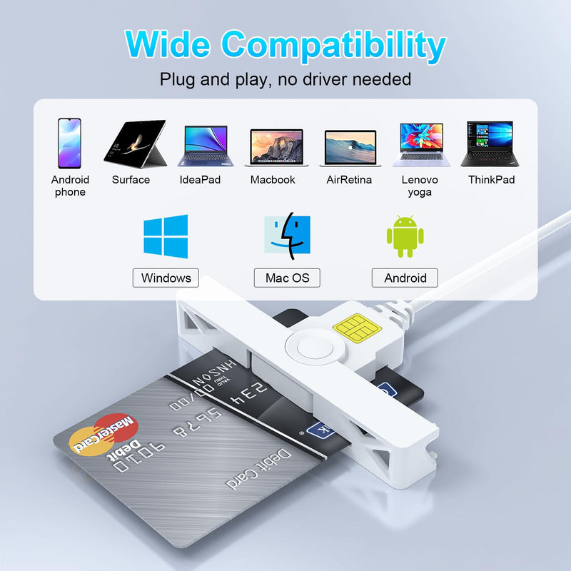 CAC Card Reader 2 in 1 USB/USB C Dual Connector, DOD Military USB Common Access CAC Reader Type C USB Smart Card Reader Compatible with Windows, Mac OS Mini Fold Plug and Play White