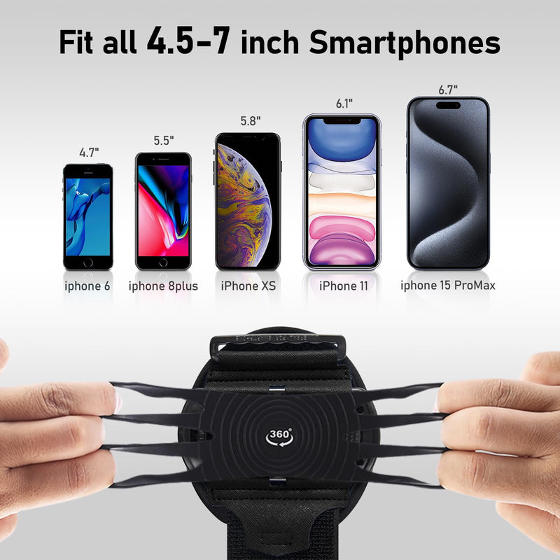 Wristband Phone Holder for Running,Forearm Armbands 360° Rotatable & Detachable Compatible with All 4.5-7 inch Cellphone for iPhone 15/14/Pro/ProMax/13/12/11/mini/XS/XR,for Workout Jogging Black