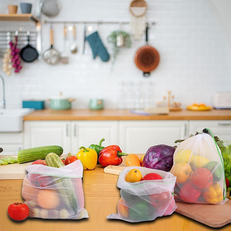 [AUSTRALIA] - Vimmvid Pack of 10 Fruit Vegetables Large Mesh Bag, Washable Vegetable Net and Shopping Net with Drawstring, Transparent Mesh Bags for Fresh Storage of Fruit and Vegetables, Green, Unit size 