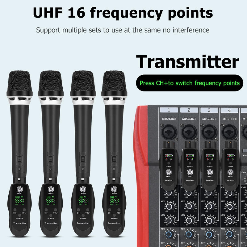 UHF Wireless XLR Transmitter and Receiver with 48V Power Supply,Rechargeable Mic Adapter 16 Channels 196ft Range for Dynamic/Condenser Mics,Audio Mixer,Electric Guitar Bass,PA System