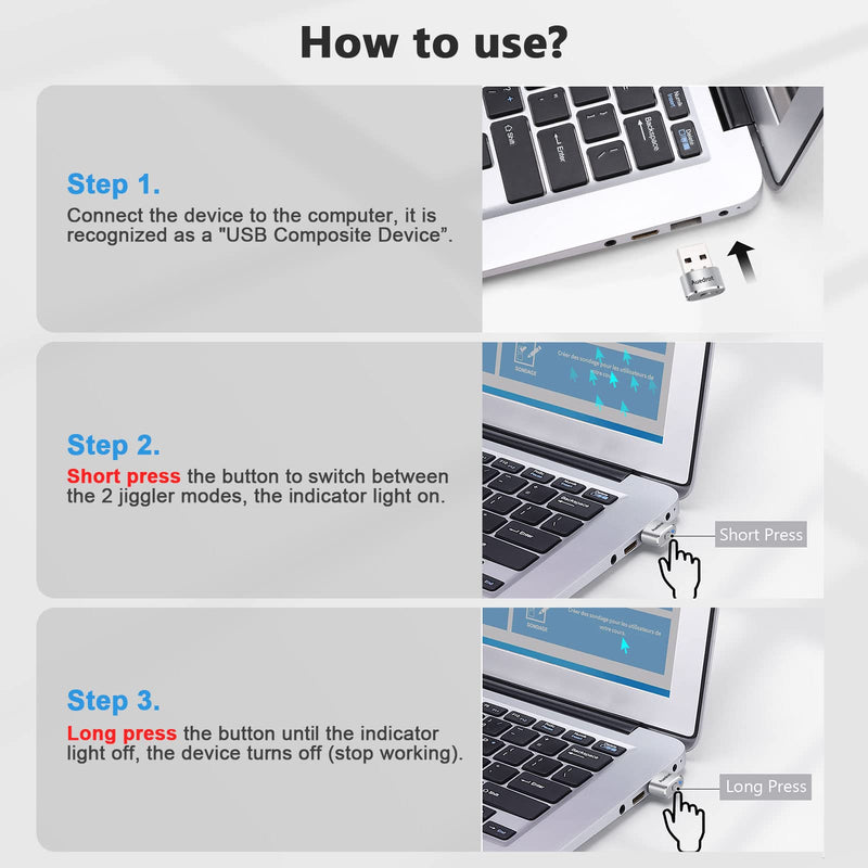 Mouse Jiggler Undetectable Metal USB Mouse Mover with Switch Button, Automatic Mini Mouse Shaker with 2 Jiggle Modes, Driver-Free, Plug-and-Play Keep Computer/Laptop Awake, with Type-C Adapter, Silver
