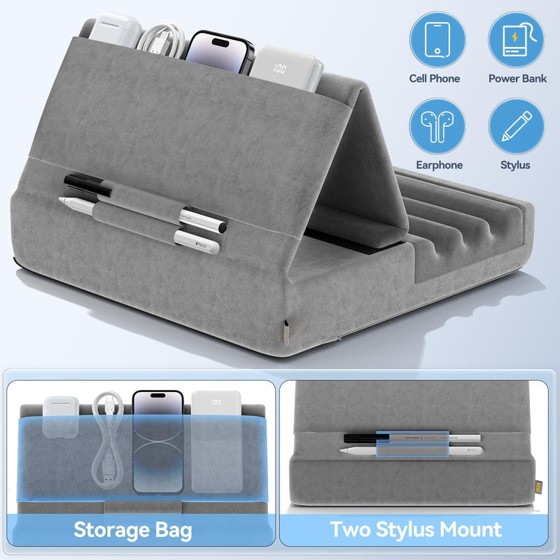 [AUSTRALIA] - KDD Tablet Pillow Holder, Foldable iPad Stand for Lap, Bed and Desk -Tablet Soft Pad Dock with Pocket & Stylus Mount Compatible with iPad Pro 12.9, 10.5, 9.7 Air Mini 6 5 4 3, Galaxy Tab, E-Reader Gray 