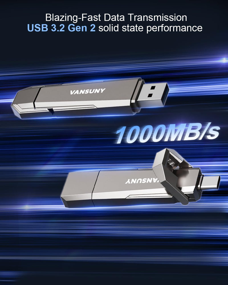 Vansuny 512GB USB Solid State Drive Up to 1000MB/s 3.2 Gen 2 Dual SSD USB A + Type C Portable External SSD for Android Phone Tablet Laptop MacBook PC