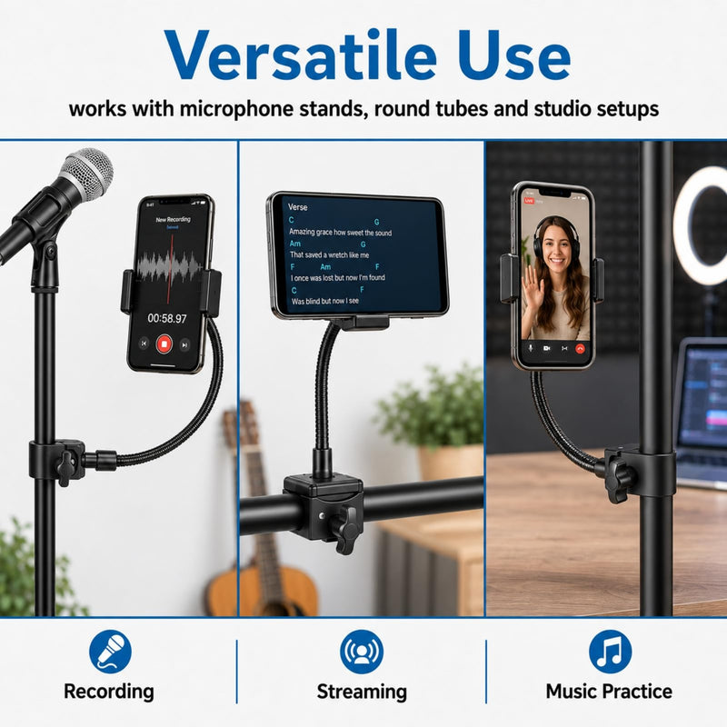 Mic Stand Phone Holder,phone holder for mic stand,Flexible Gooseneck phone mic,guitar 360°Adjustable for iPhone 14 13 12 MAX Pro Samsung Galaxy All Smartphones