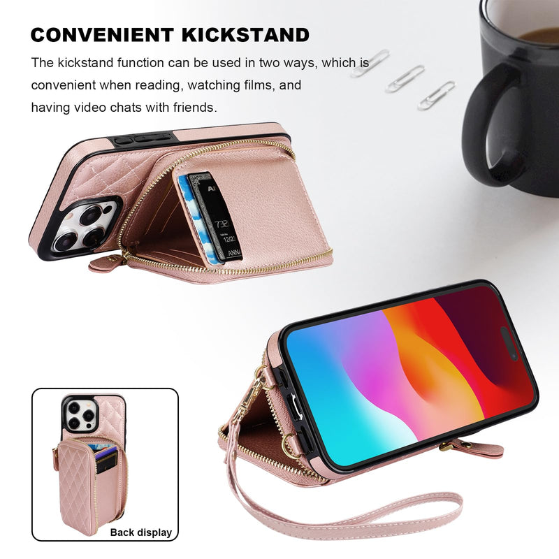 Bocasal Crossbody Wallet Case for iPhone 15 Pro Max, RFID Blocking PU Leather Zipper Handbag Purse Flip Cover, Kickstand Folio Case with Card Slots Holder Wrist Strap Lanyard 5G 6.7 Inch (Rose Gold) Rose Gold