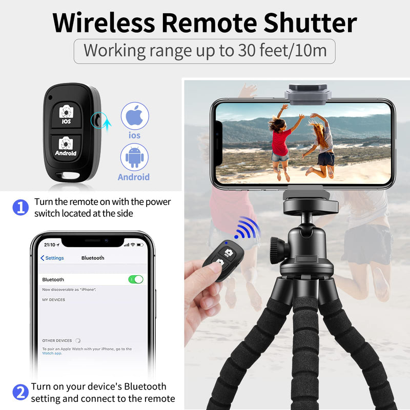 Aureday Phone Tripod, Flexible Tripod for iPhone and Android Cell Phone, Portable Small Tripod with Wireless Remote and Clip for Video Recording/Vlogging/Selfie Black