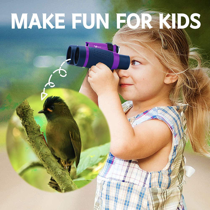 Compact Binoculars for Kids Bird Watching Hiking Camping Fishing Accessories Gear Essentials Best Toy Gifts for Boys Girls Children Toddler Waterproof 5X30 Optical Lens Including Compass Purple