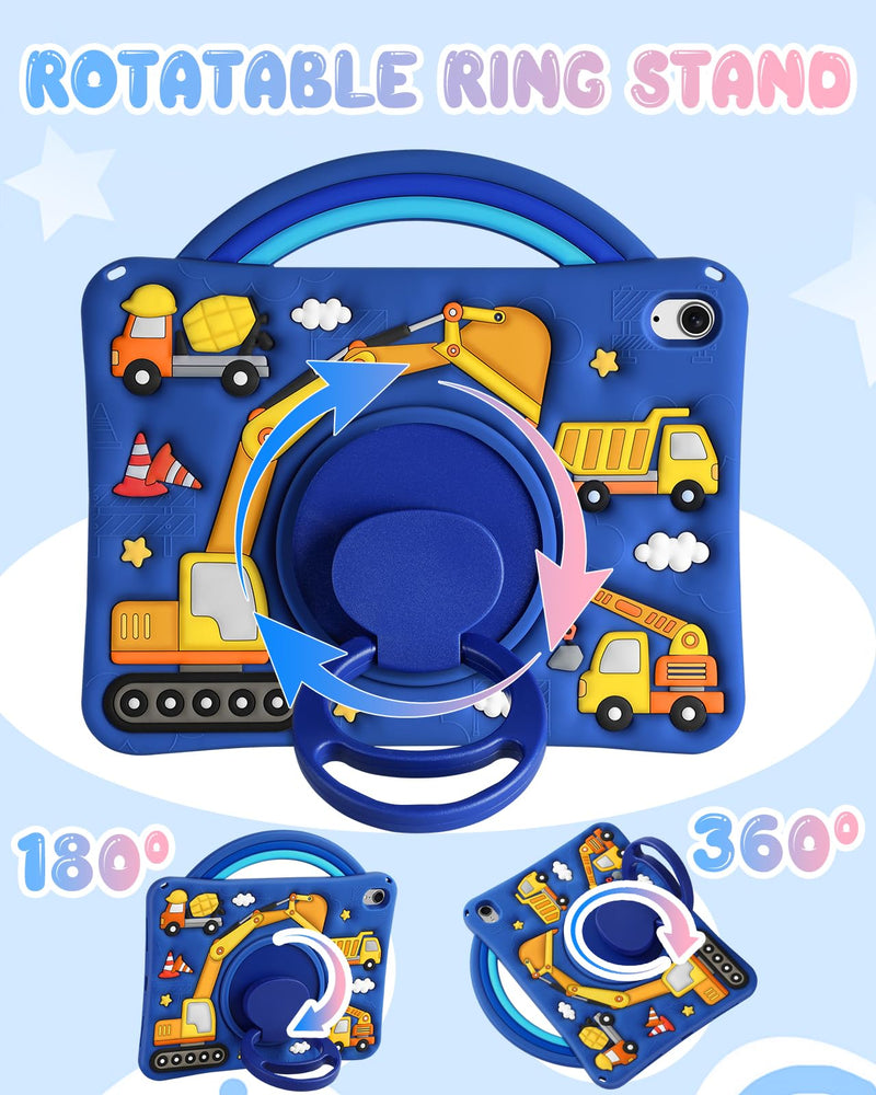 Wazzasoft for iPad A16 Case 2025 11 inch/for iPad 10th Generation Case 2022 10.9" - Cute 3D Silicone Cover with Adjustable Shoulder Strap, Rotating Stand & Handle for Kids Boys, Construction Truck