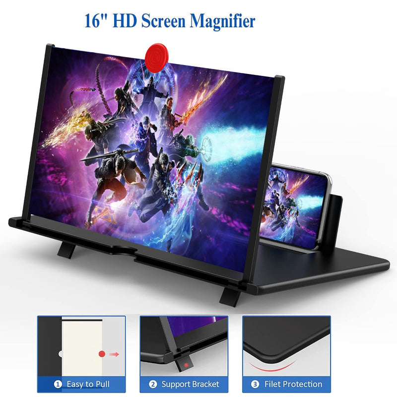 16" Screen Magnifier for Cell Phone -3D Magnifying Projector Screen Enlarger Expander for Movies, Videos, and Gaming – Foldable Phone Stand with Screen Amplifier – Compatible with All Smartphones Black-16inch