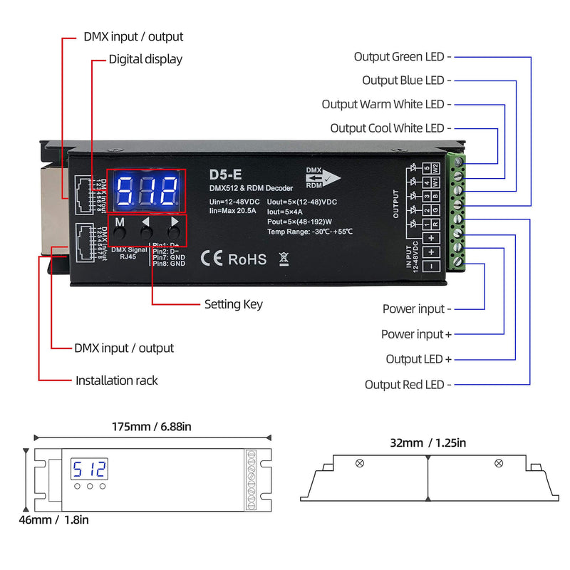 5 Channel DMX Decoder with RDM Digital Display,DMX512 Dimmer Driver PWM RGBCCT LED Controller for RGBWW RGBW or 5group White lightstrips LED Module Light Input 12V-48VDC RDM 5CH DMX Decoder