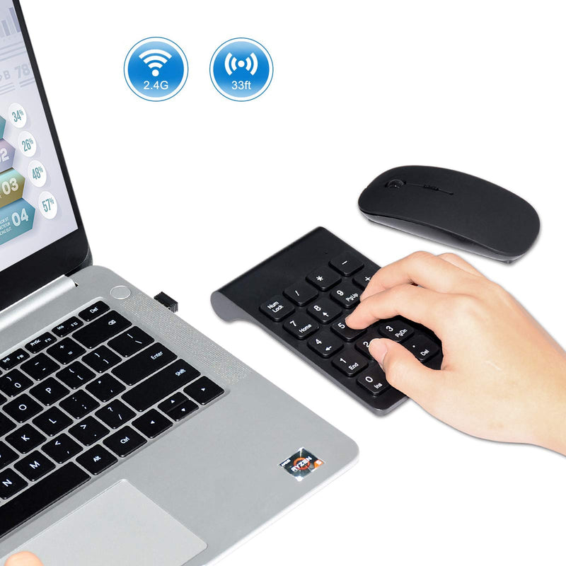 Wireless Numeric Keypad, TRELC Mini 2.4G 18 Keys Number Pad, Portable Silent Financial Accounting Numeric Keypad Keyboard Extensions with Wireless Mouse for Laptop, PC, Desktop, Notebook(Black) Black