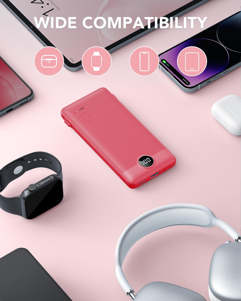 VRURC Portable Charger Built-in Cables and AC Wall Plug, USB C Power Bank 10000mAh, [2023 Upgraded Version] Phone Charger Compact Lightweight External Battery Pack for Smart Phones, Tablets etc-Red Red