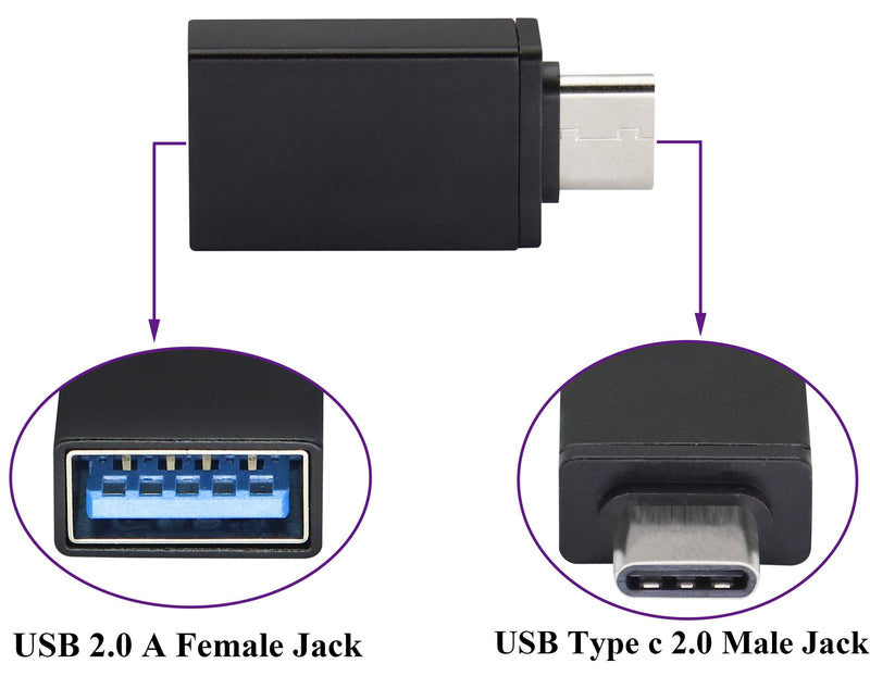 AAOTOKK Type C to USB 2.0 Adapter Aluminum Type C Male to USB A 2.0 Female Converter, On The Go (OTG) for Smartphone, Laptops,Mouse Keyboards, More USB and Type-C Devices(2 Pack-Black) Black