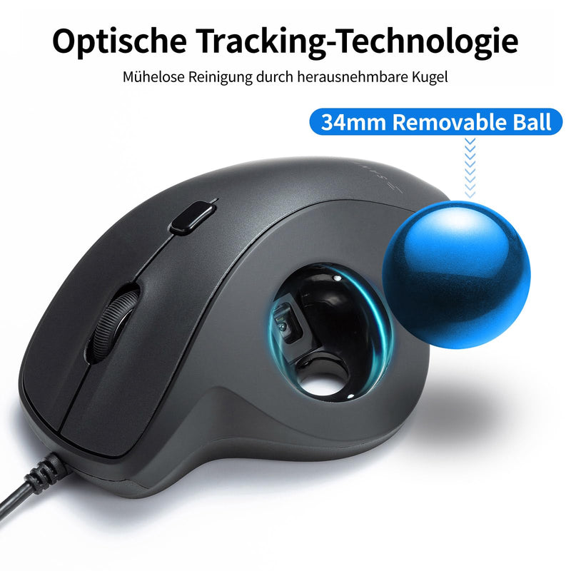SANWA Wired Trackball Mouse, USB-C/A, Silent Clicks, Programmable, Blue | Right-hand Thumb Control, 600-1600 DPI, Smooth Roller Ball, Wrist Relief, Plug-and-Play, Compatible Win/ Mac, Remap Software