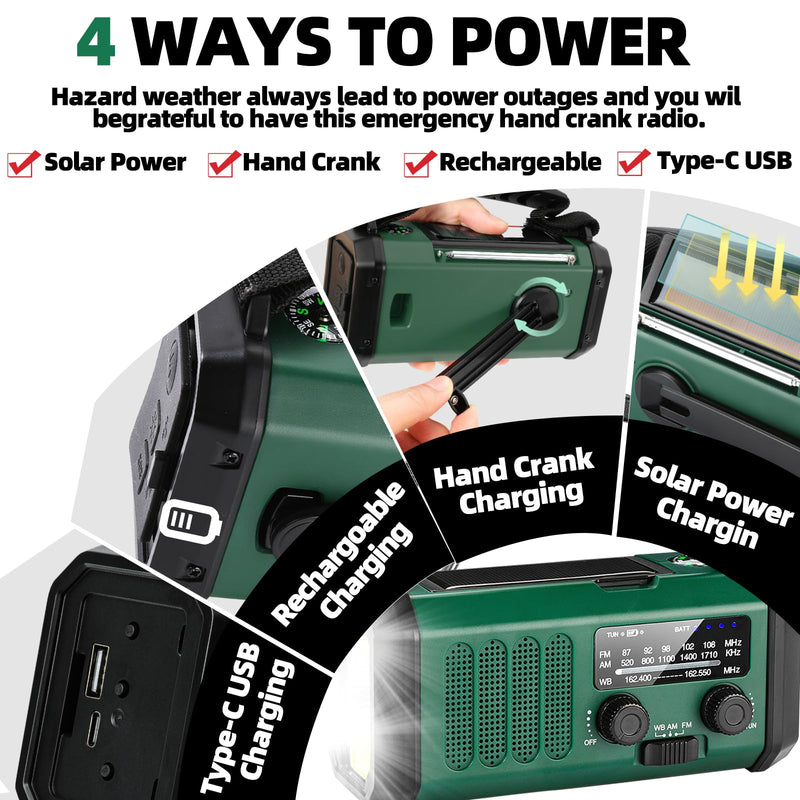 Hand Crank Emergency Radio,37000mWhSolar Powered Hand Crank Portable Radio,NOAA AM FM Weather Radio with 3Mode Flashlight and Reading Light,Cell Phone Charger,Home and Emergency Distress Signal Green