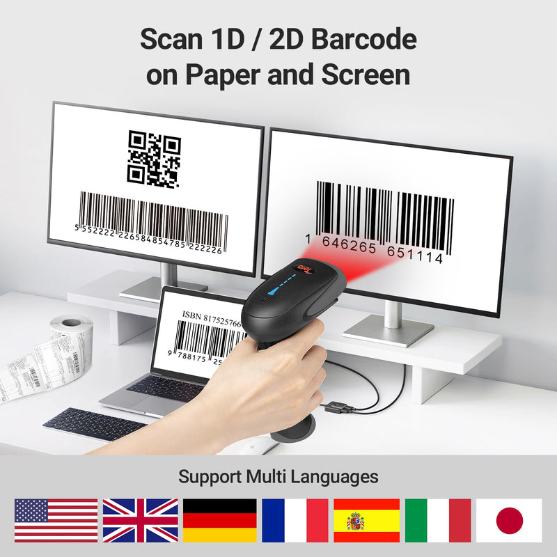 [AUSTRALIA] - Tera Barcode Scanner Wireless 1D 2D QR with Stand: Battery Level Indicator 3 in 1 Works with Bluetooth 2.4G Wireless USB Wired Handheld Bar Code Reader with Vibration Alert HW0002 Grey 