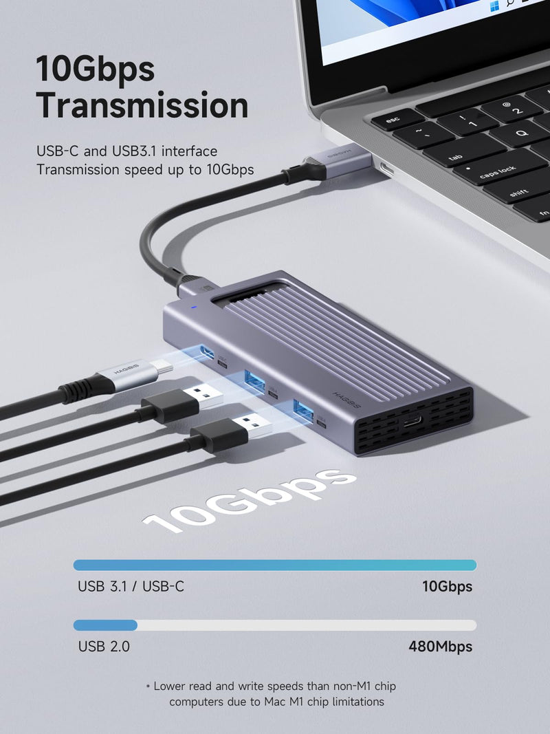 Hagibis USB C Hub with M.2 SSD Enclosure, Magnetic Cover Easy Disassemble External Hard Drive Enclosure with 10Gbps USB 3.1, USB C for MacBook Pro, iPhone15 Pro Max, Mac Mini, Laptop, PC (HB777)