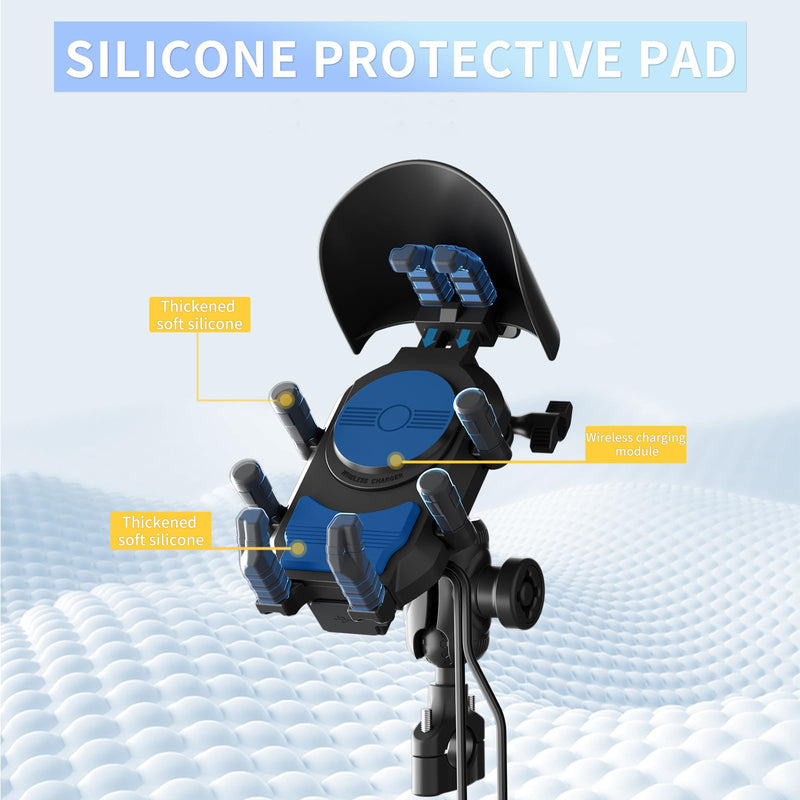 Motorcycle Phone Mount with 15W Wireless Charger & PD/USB-C USB Quick Charger Anti Vibration Theft Motorcycle Phone Holder with Sun Shade for Motorcycles